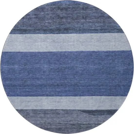 8' Navy Blue Ivory And Gray Striped Washable Round Rug With UV Protection Photo 2