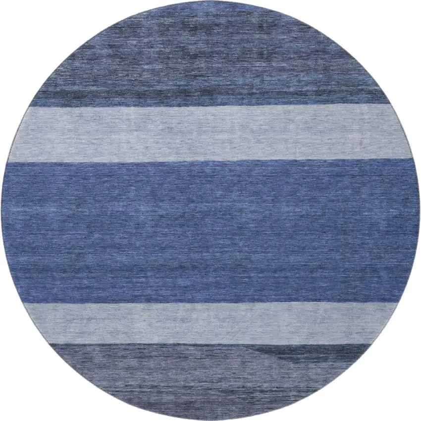 8' Navy Blue Ivory And Gray Striped Washable Round Rug With UV Protection Photo 2