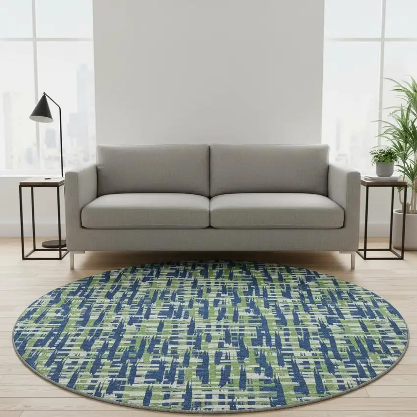 8' Navy Blue Ivory And Green Abstract Geometric Washable Round Rug With UV Protection Photo 2
