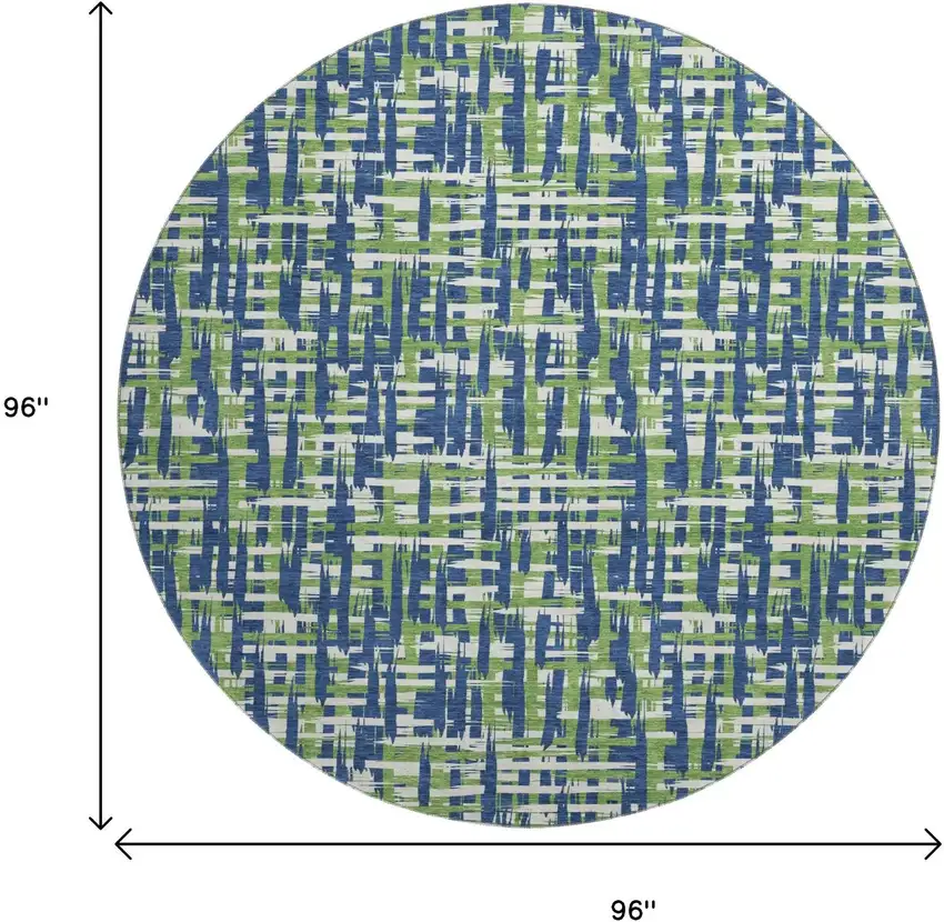 8' Navy Blue Ivory And Green Abstract Geometric Washable Round Rug With UV Protection Photo 9