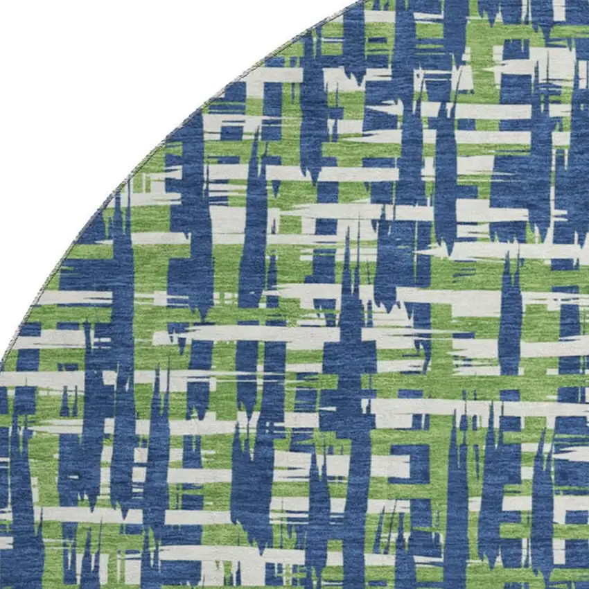8' Navy Blue Ivory And Green Abstract Geometric Washable Round Rug With UV Protection Photo 2