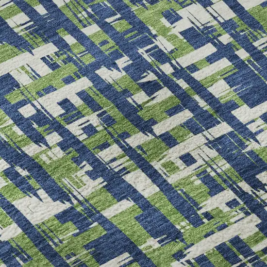 8' Navy Blue Ivory And Green Abstract Geometric Washable Round Rug With UV Protection Photo 8