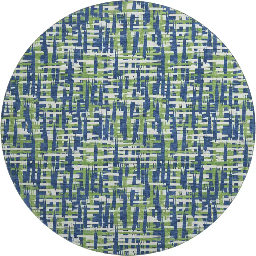 8' Navy Blue Ivory And Green Abstract Geometric Washable Round Rug With UV Protection Photo 1