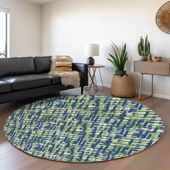 8' Navy Blue Ivory And Green Abstract Geometric Washable Round Rug With UV Protection Photo 4
