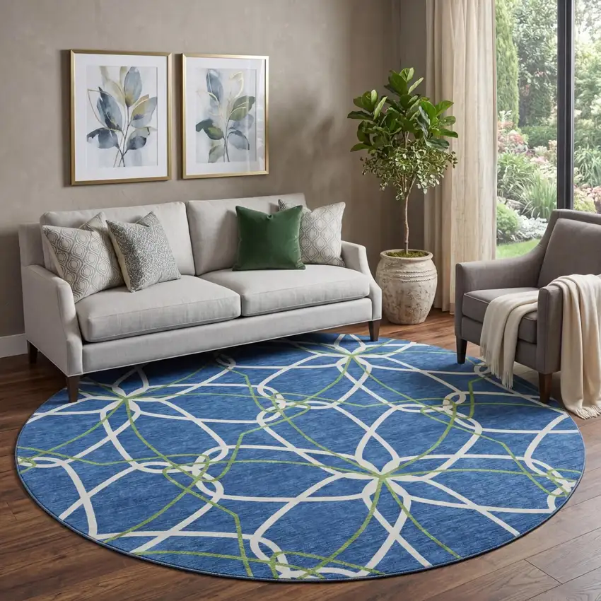 8' Navy Blue Ivory And Green Geometric Washable Round Rug With UV Protection Photo 1