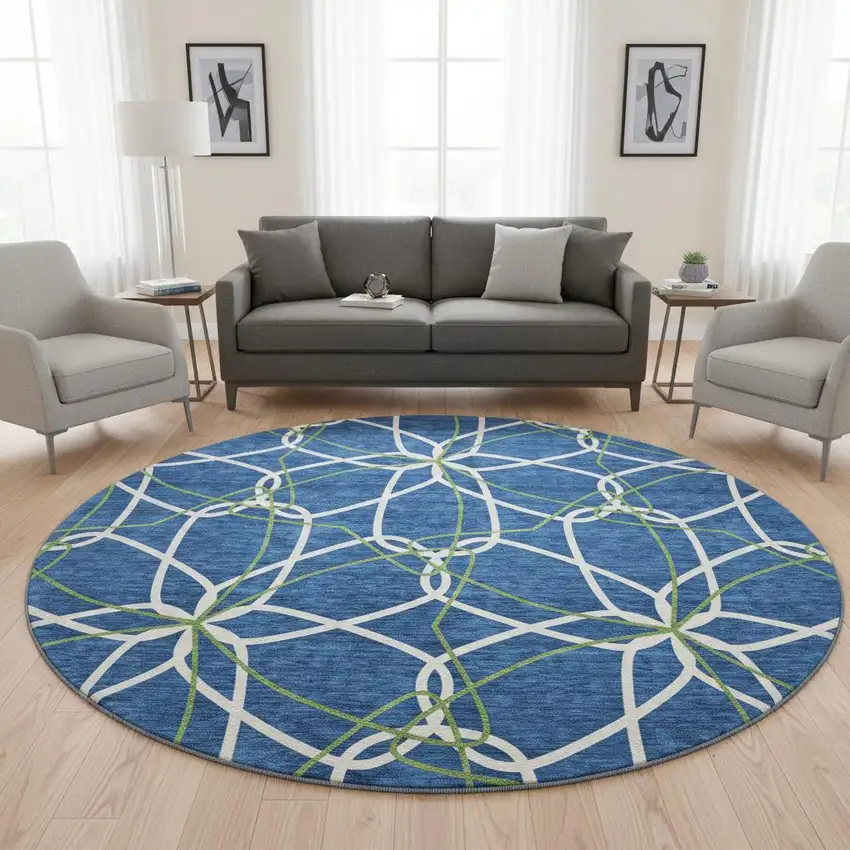 8' Navy Blue Ivory And Green Geometric Washable Round Rug With UV Protection Photo 2