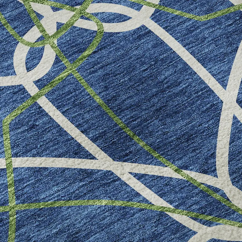 8' Navy Blue Ivory And Green Geometric Washable Round Rug With UV Protection Photo 8