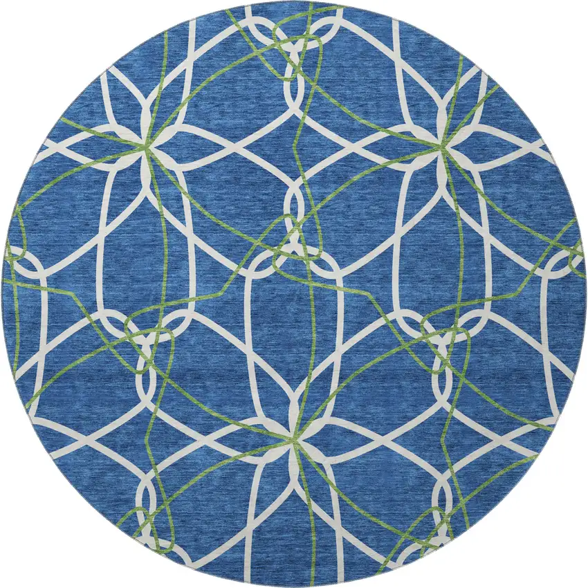 8' Navy Blue Ivory And Green Geometric Washable Round Rug With UV Protection Photo 3