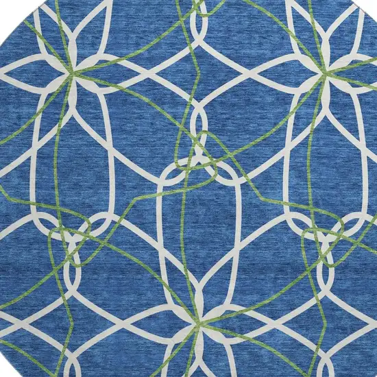 8' Navy Blue Ivory And Green Geometric Washable Round Rug With UV Protection Photo 2