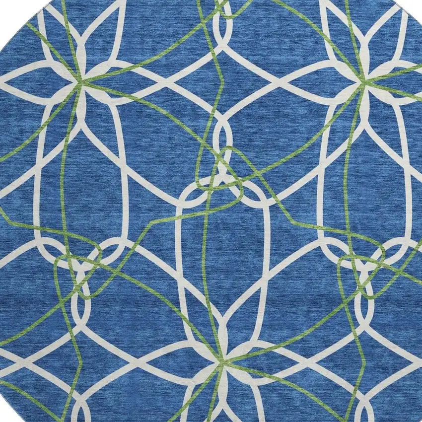8' Navy Blue Ivory And Green Geometric Washable Round Rug With UV Protection Photo 2