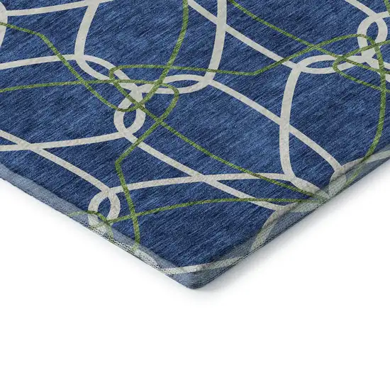 8' Navy Blue Ivory And Green Geometric Washable Round Rug With UV Protection Photo 6