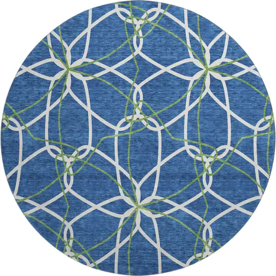 8' Navy Blue Ivory And Green Geometric Washable Round Rug With UV Protection Photo 1