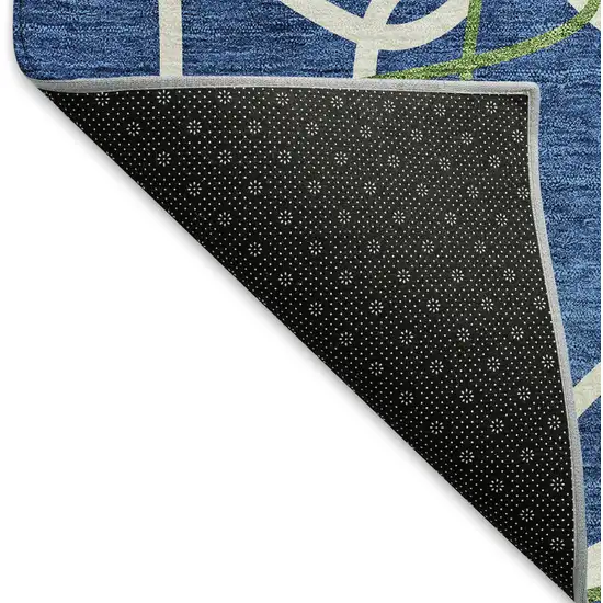 8' Navy Blue Ivory And Green Geometric Washable Round Rug With UV Protection Photo 5