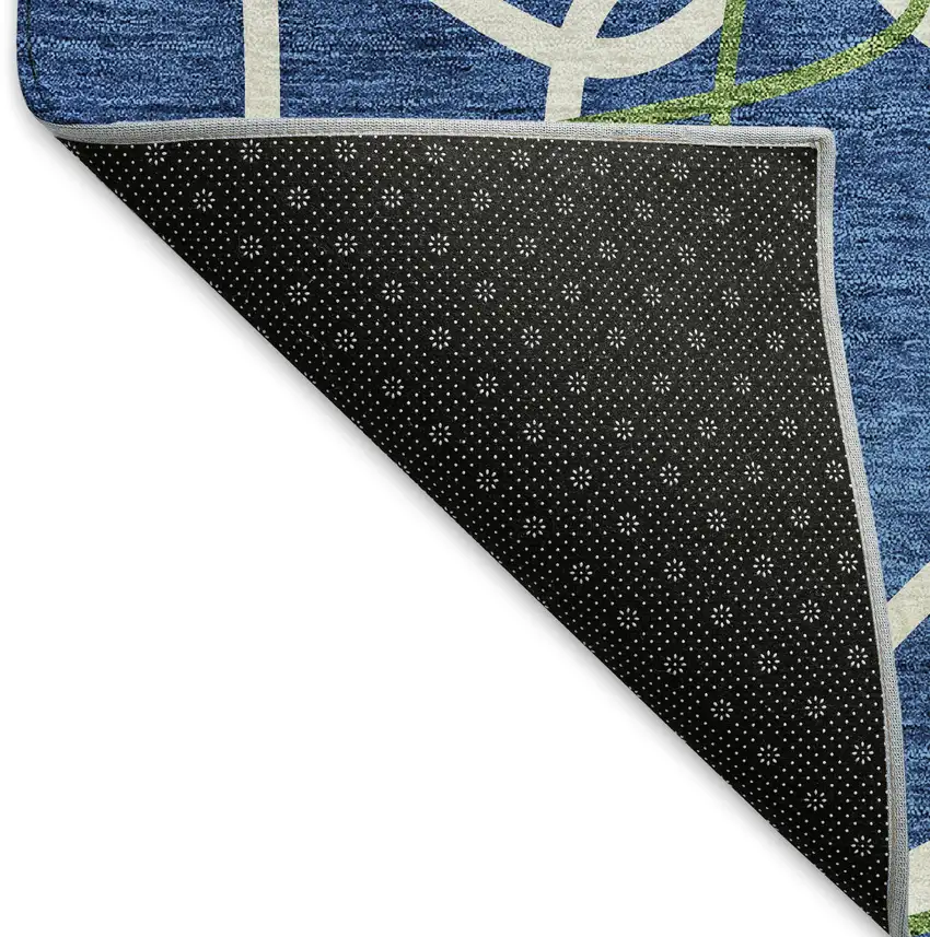 8' Navy Blue Ivory And Green Geometric Washable Round Rug With UV Protection Photo 5