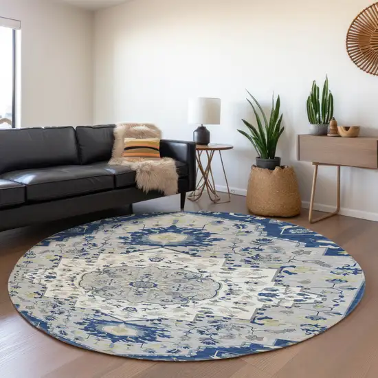 8' Navy Blue Ivory And Green Oriental Washable Round Rug With UV Protection Photo 3