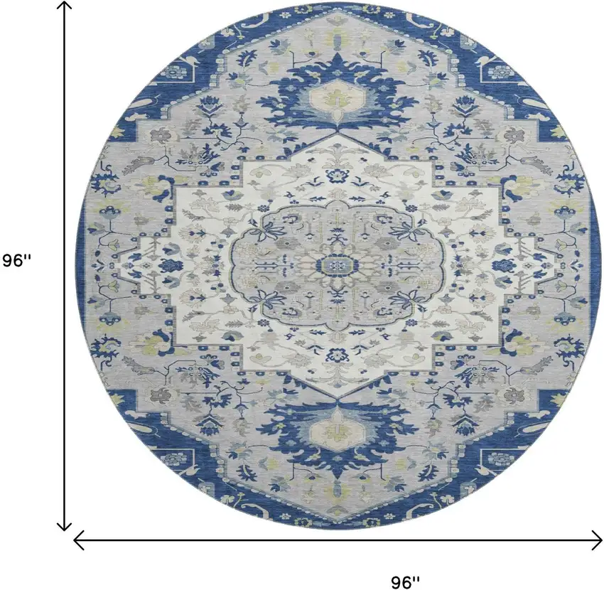 8' Navy Blue Ivory And Green Oriental Washable Round Rug With UV Protection Photo 8