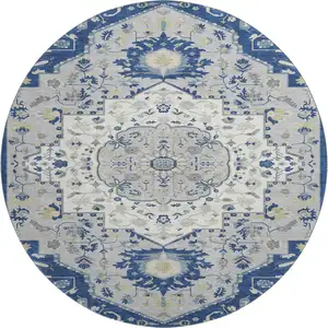 Photo of 8' Navy Blue Ivory And Green Oriental Washable Round Rug With UV Protection