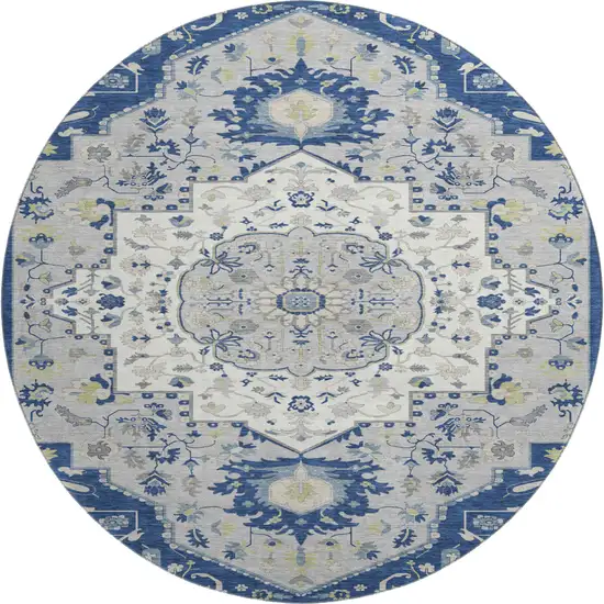 8' Navy Blue Ivory And Green Oriental Washable Round Rug With UV Protection Photo 1