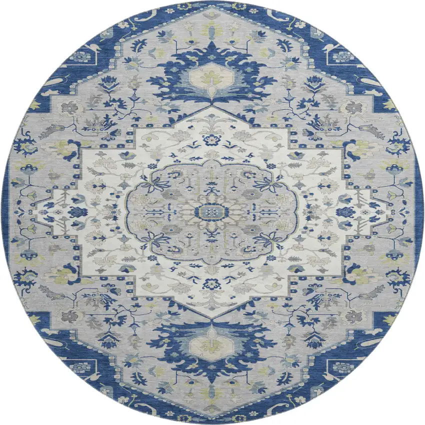 8' Navy Blue Ivory And Green Oriental Washable Round Rug With UV Protection Photo 1