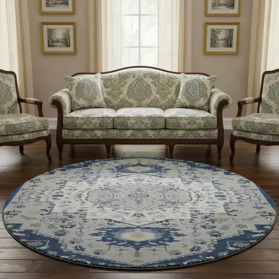 8' Navy Blue Ivory And Green Oriental Washable Round Rug With UV Protection Photo 2