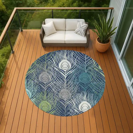 8' Navy Blue Ivory And Green Round Floral Washable Indoor Outdoor Area Rug Photo 6