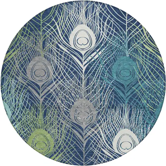 8' Navy Blue Ivory And Green Round Floral Washable Indoor Outdoor Area Rug Photo 2