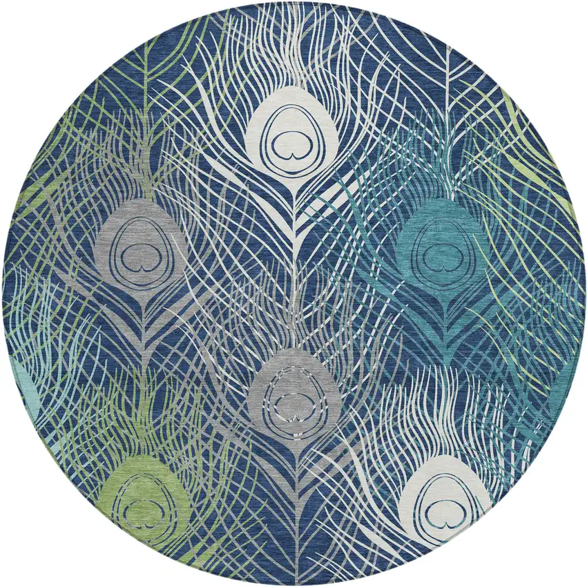 8' Navy Blue Ivory And Green Round Floral Washable Indoor Outdoor Area Rug Photo 2