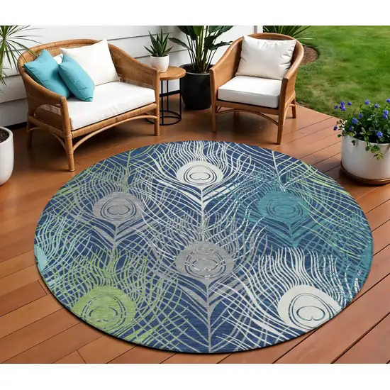 8' Navy Blue Ivory And Green Round Floral Washable Indoor Outdoor Area Rug Photo 1