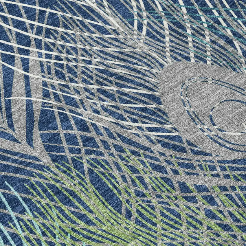 8' Navy Blue Ivory And Green Round Floral Washable Indoor Outdoor Area Rug Photo 6