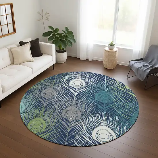 8' Navy Blue Ivory And Green Round Floral Washable Indoor Outdoor Area Rug Photo 8