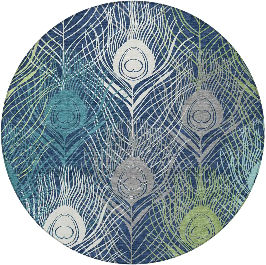 8' Navy Blue Ivory And Green Round Floral Washable Indoor Outdoor Area Rug Photo 4