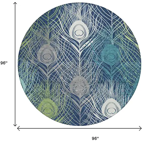 8' Navy Blue Ivory And Green Round Floral Washable Indoor Outdoor Area Rug Photo 3