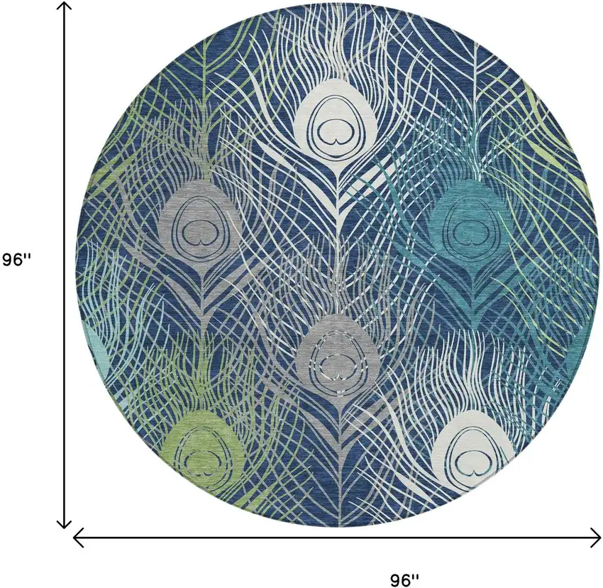 8' Navy Blue Ivory And Green Round Floral Washable Indoor Outdoor Area Rug Photo 3