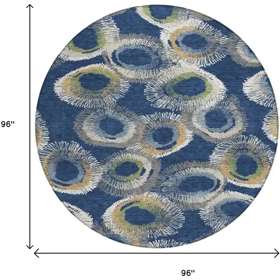 8' Navy Blue Ivory And Green Round Geometric Washable Indoor Outdoor Area Rug Photo 3