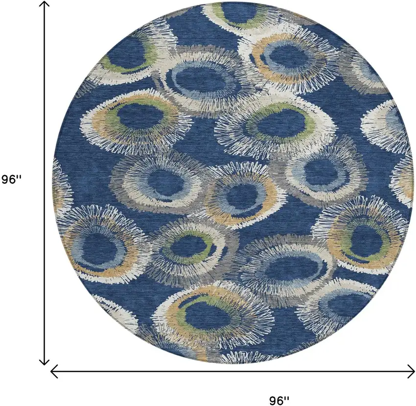 8' Navy Blue Ivory And Green Round Geometric Washable Indoor Outdoor Area Rug Photo 3