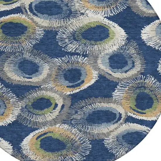 8' Navy Blue Ivory And Green Round Geometric Washable Indoor Outdoor Area Rug Photo 7