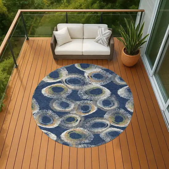 8' Navy Blue Ivory And Green Round Geometric Washable Indoor Outdoor Area Rug Photo 9