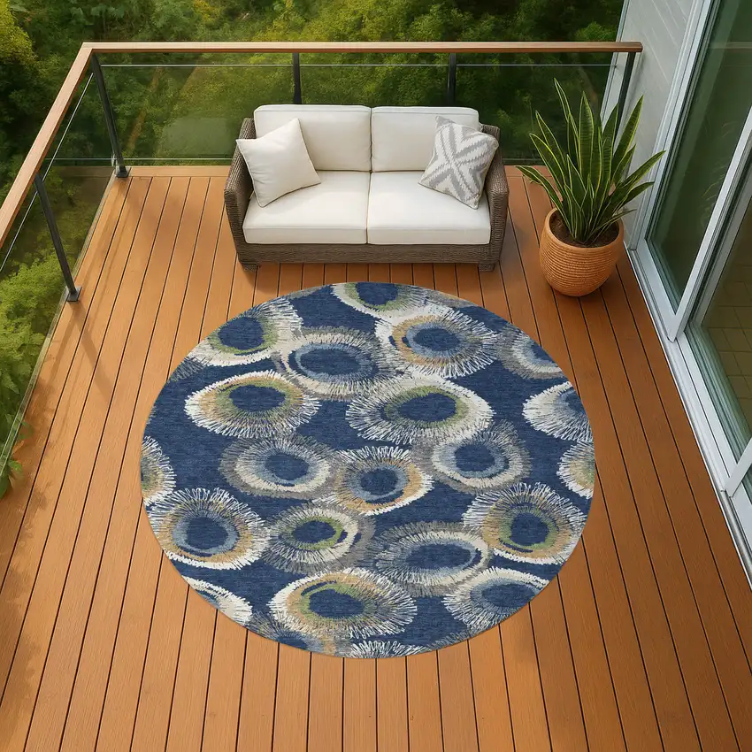 8' Navy Blue Ivory And Green Round Geometric Washable Indoor Outdoor Area Rug Photo 9