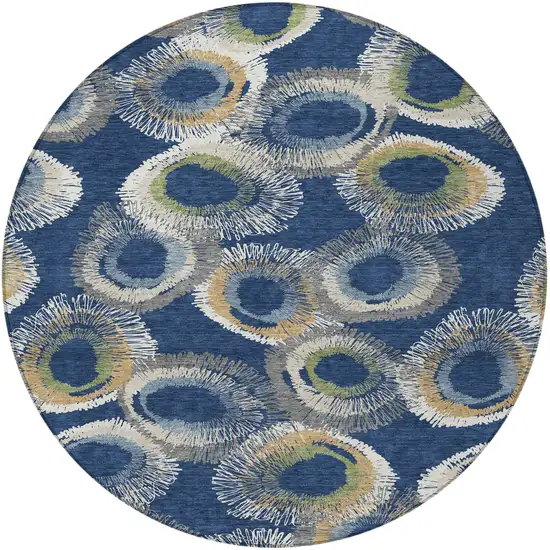 8' Navy Blue Ivory And Green Round Geometric Washable Indoor Outdoor Area Rug Photo 5
