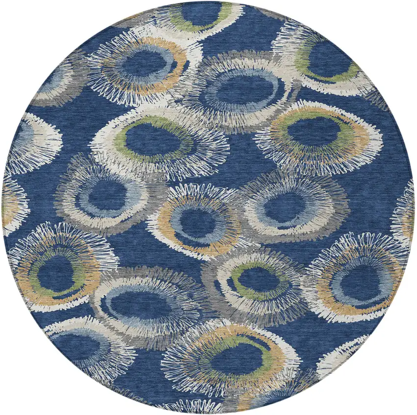8' Navy Blue Ivory And Green Round Geometric Washable Indoor Outdoor Area Rug Photo 5