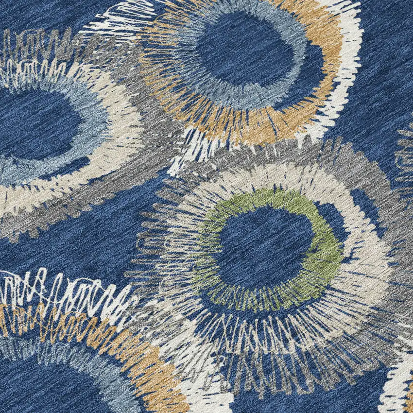 8' Navy Blue Ivory And Green Round Geometric Washable Indoor Outdoor Area Rug Photo 9