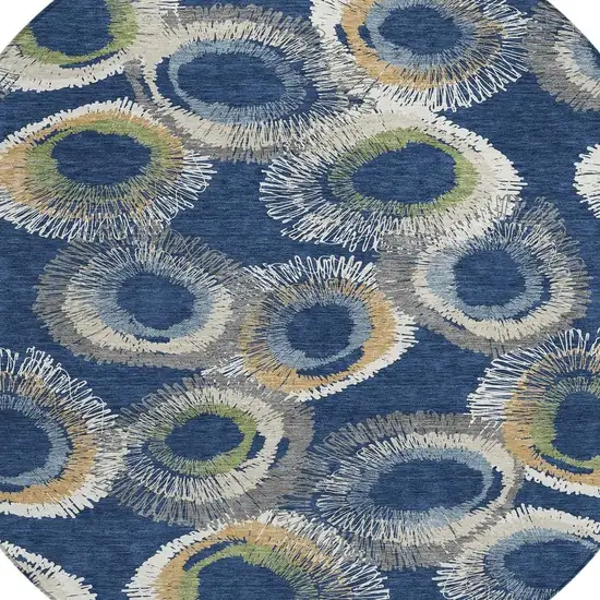 8' Navy Blue Ivory And Green Round Geometric Washable Indoor Outdoor Area Rug Photo 6
