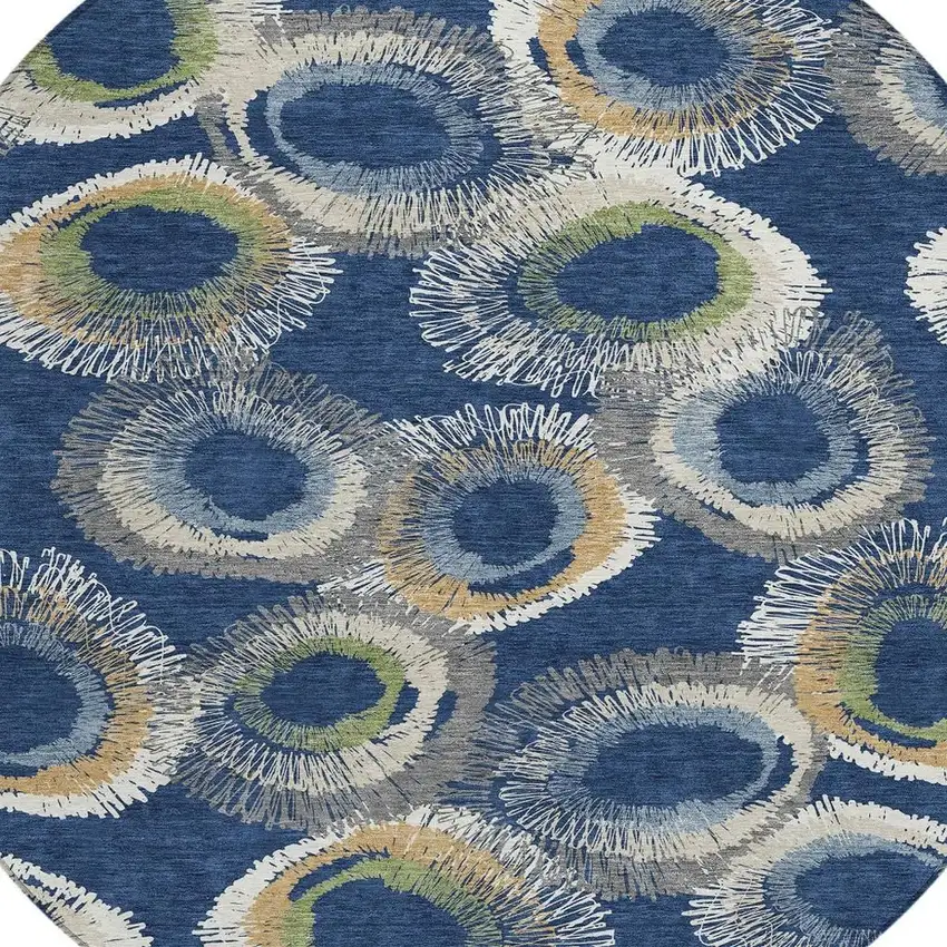 8' Navy Blue Ivory And Green Round Geometric Washable Indoor Outdoor Area Rug Photo 6