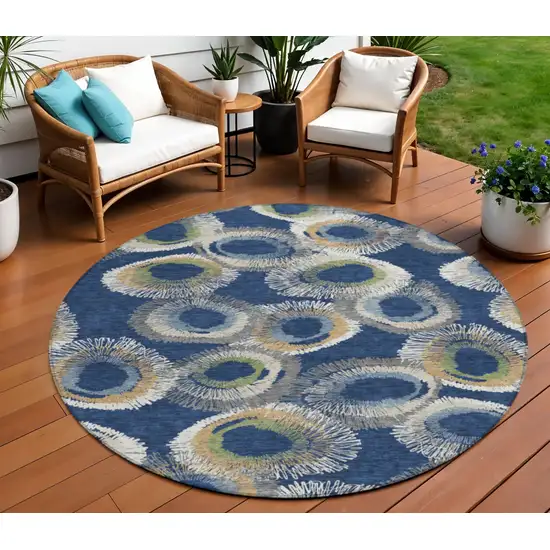 8' Navy Blue Ivory And Green Round Geometric Washable Indoor Outdoor Area Rug Photo 1