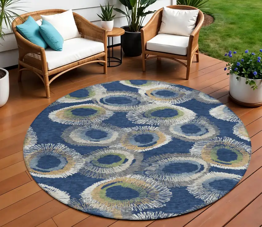 8' Navy Blue Ivory And Green Round Geometric Washable Indoor Outdoor Area Rug Photo 1