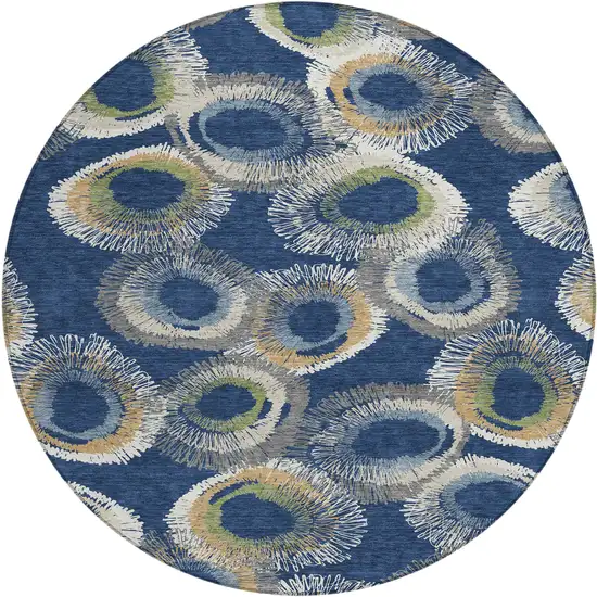 8' Navy Blue Ivory And Green Round Geometric Washable Indoor Outdoor Area Rug Photo 2