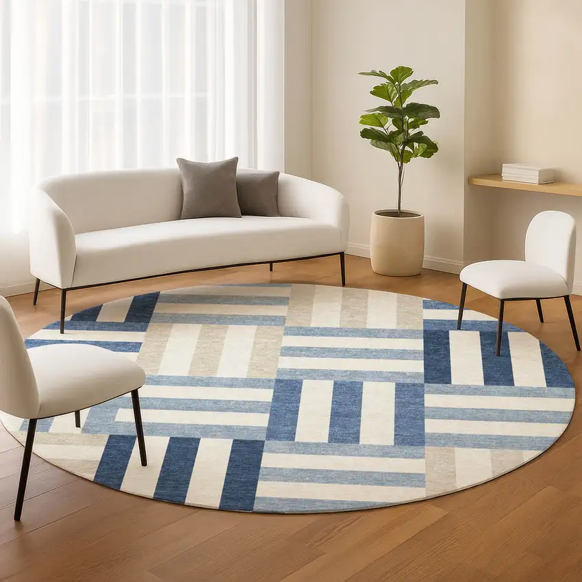 8' Navy Blue Ivory And Khaki Round Geometric Washable Indoor Outdoor Area Rug Photo 9