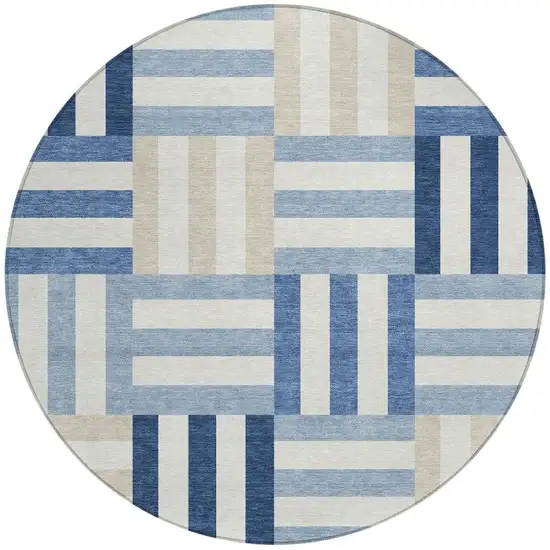 8' Navy Blue Ivory And Khaki Round Geometric Washable Indoor Outdoor Area Rug Photo 4