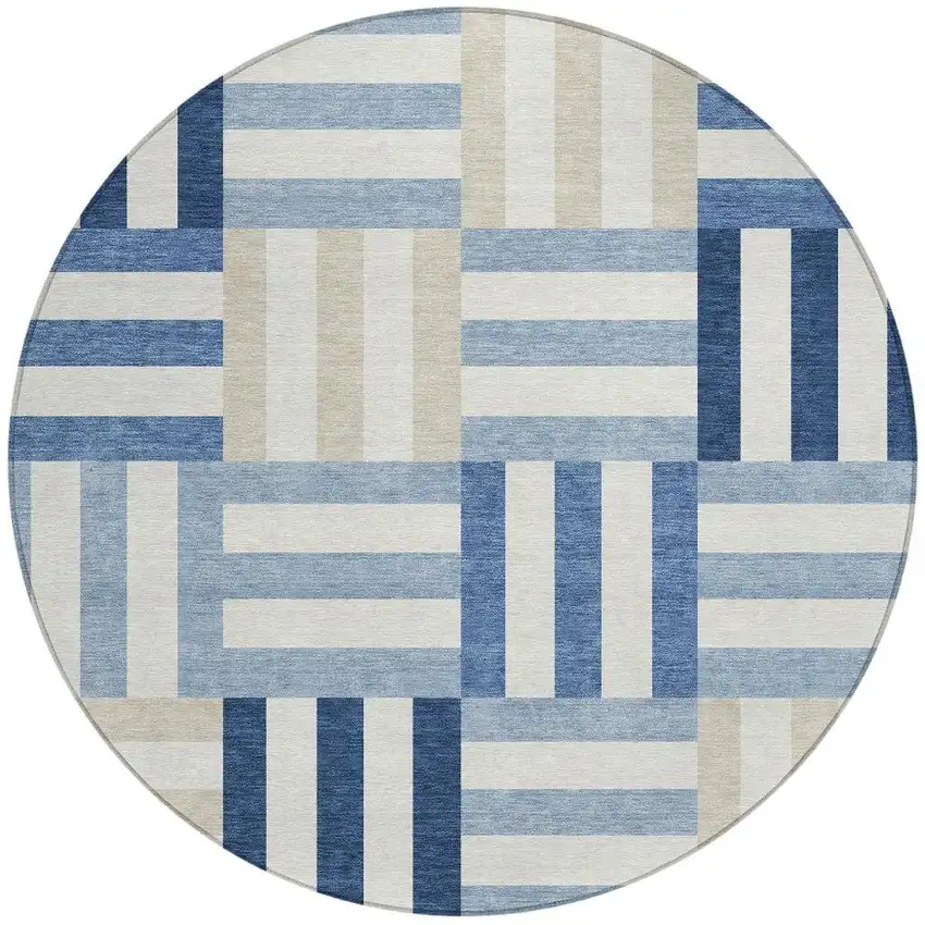 8' Navy Blue Ivory And Khaki Round Geometric Washable Indoor Outdoor Area Rug Photo 4