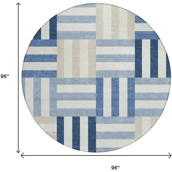 8' Navy Blue Ivory And Khaki Round Geometric Washable Indoor Outdoor Area Rug Photo 3